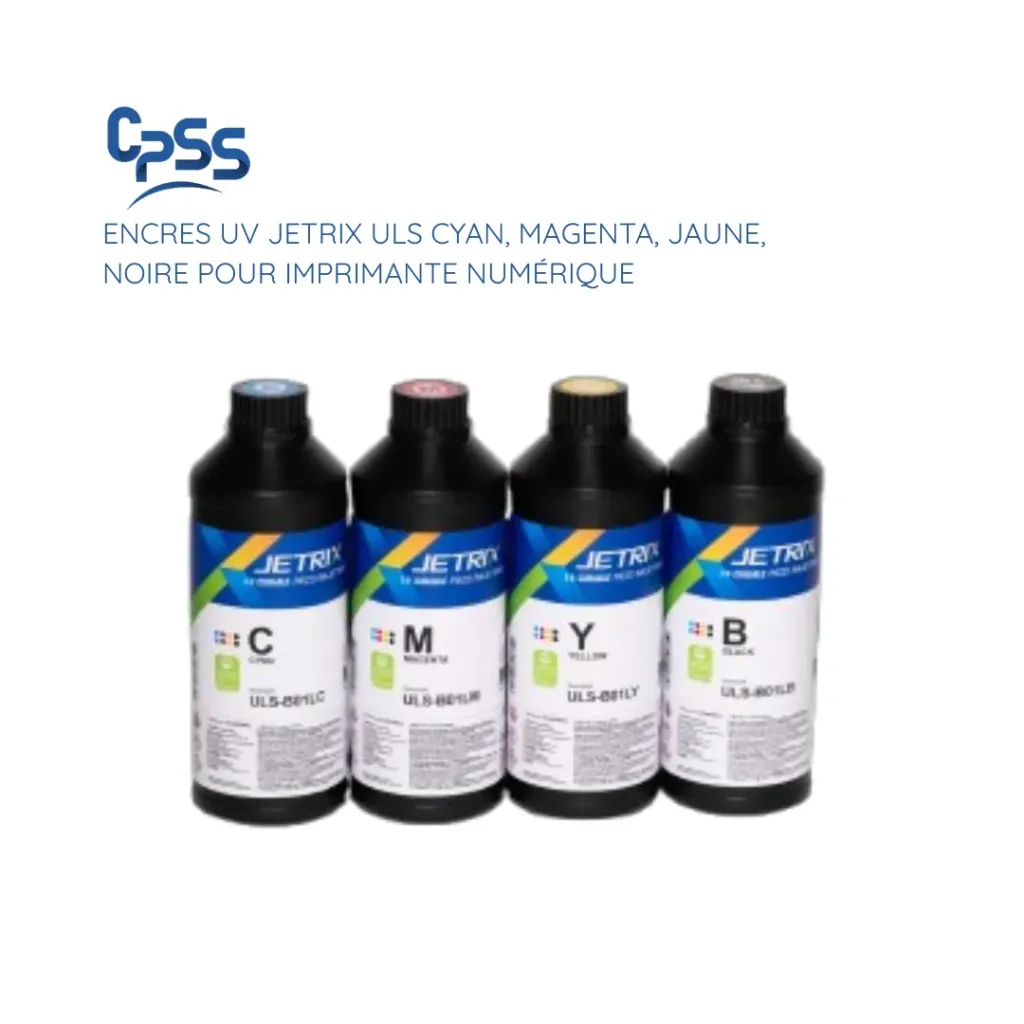 Encres UV JETRIX ULS Cyan, Magenta, Jaune, Noire pour imprimante numérique UV by CPSS