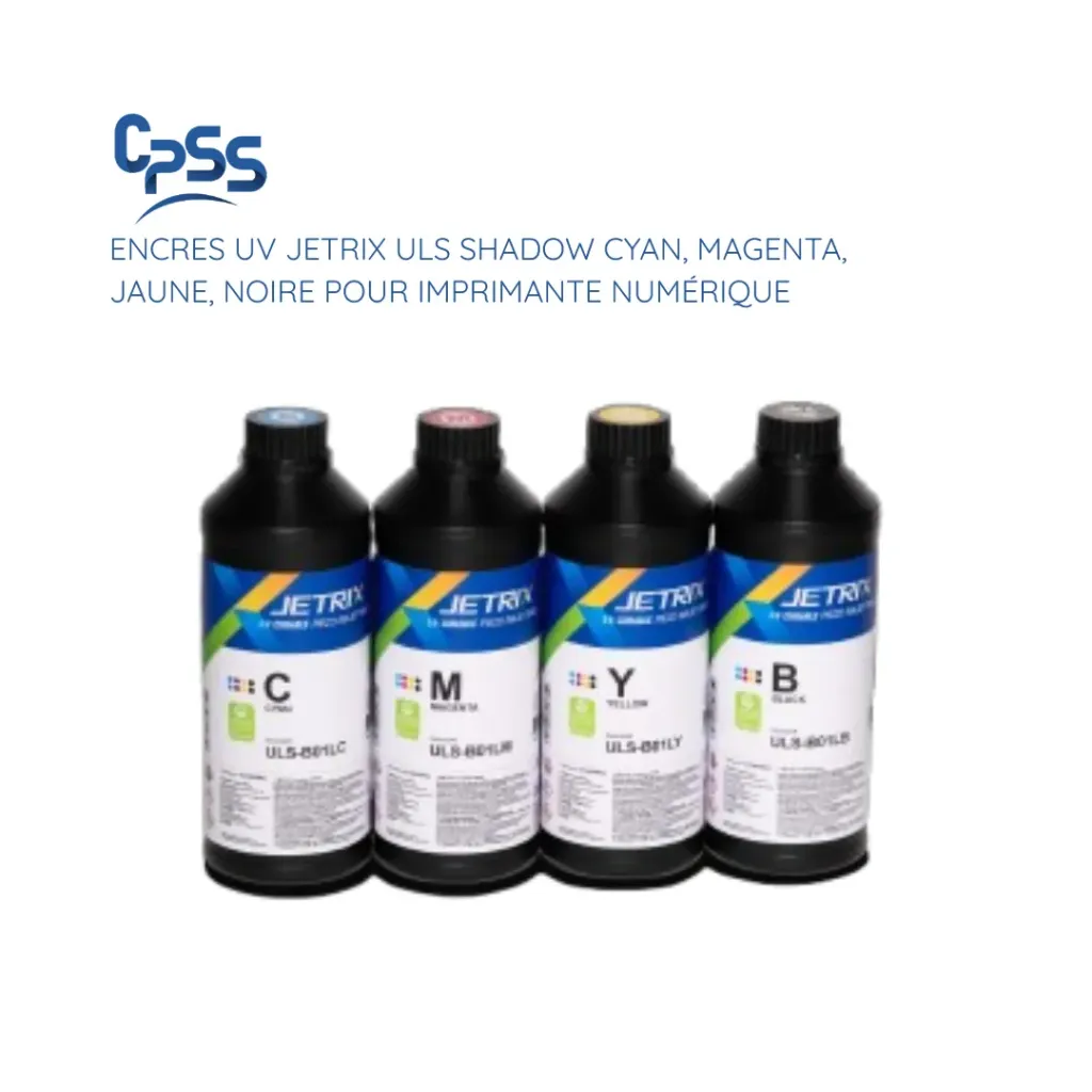 Encres UV JETRIX ULS Shadow Cyan, Magenta, Jaune, Noire pour imprimante numérique UV by CPSS